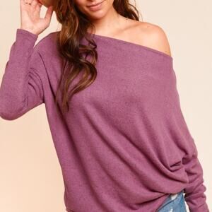 Slouchy Dolman Long Sleeve Hacci Knit Boat Neck Relaxed Women Sweater Blouse